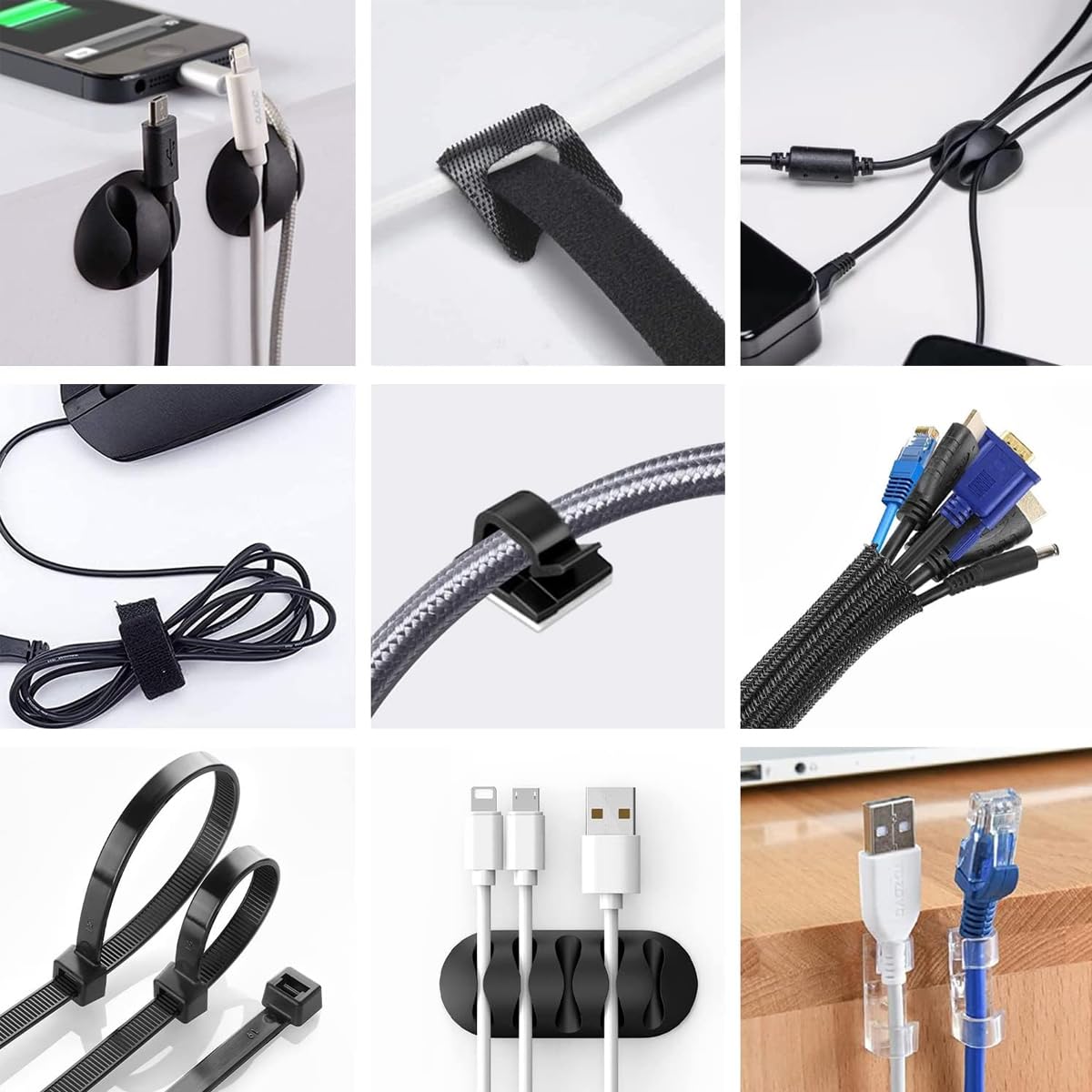 Cable Management Kit for Home and Office with 152 pcs Nylon Ties and Self Adhesive Clips