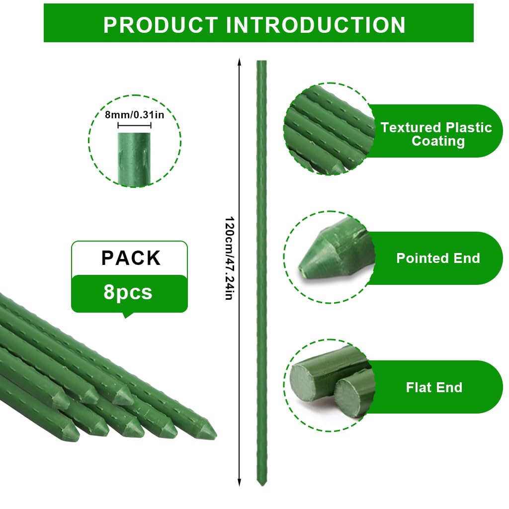 HASTHIP Plant Support Stakes for Climbing Plants featuring 120cm x 8mm Steel Core | Green Rust‑Resistant Rods