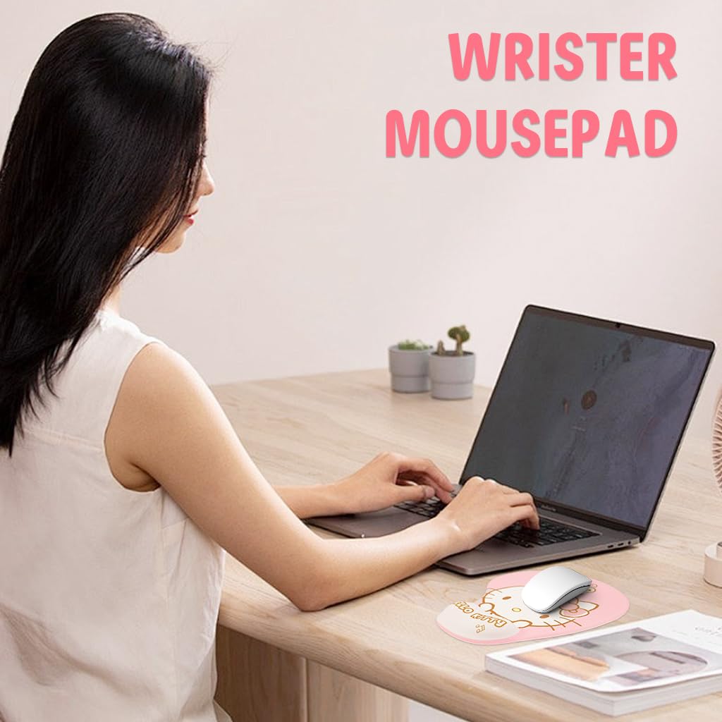Fancyku Mouse Pad with Wrist Rest for Office and Gaming featuring Non Slip Silicone Base | Cute Cartoon Kitty Design with Smooth Lycra Cover