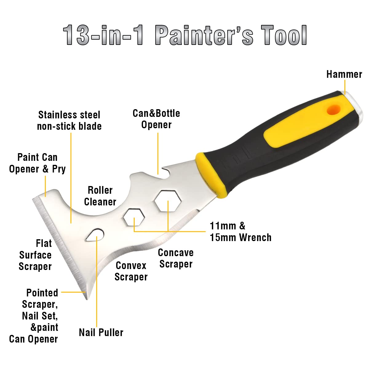 HASTHIP Putty Knife 13 in 1 Multi Purpose Scraper for Drywall Finishing with Ergonomic Handle | Stainless Steel Blade