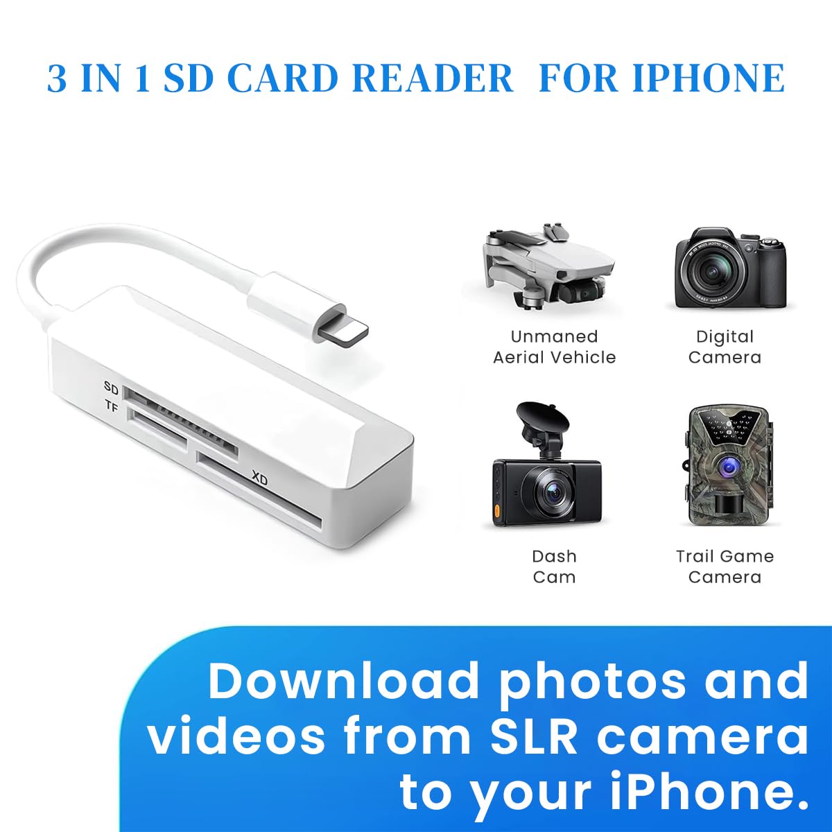 Verilux® SD Card Reader for iPhone, Light-ning Connector Memory SD Card Reader Adapter High-Speed/SD/FTXD Picture Card Camera Adapter for iPhone 14/13/12/11/XS/XR/X/8/7/6/5