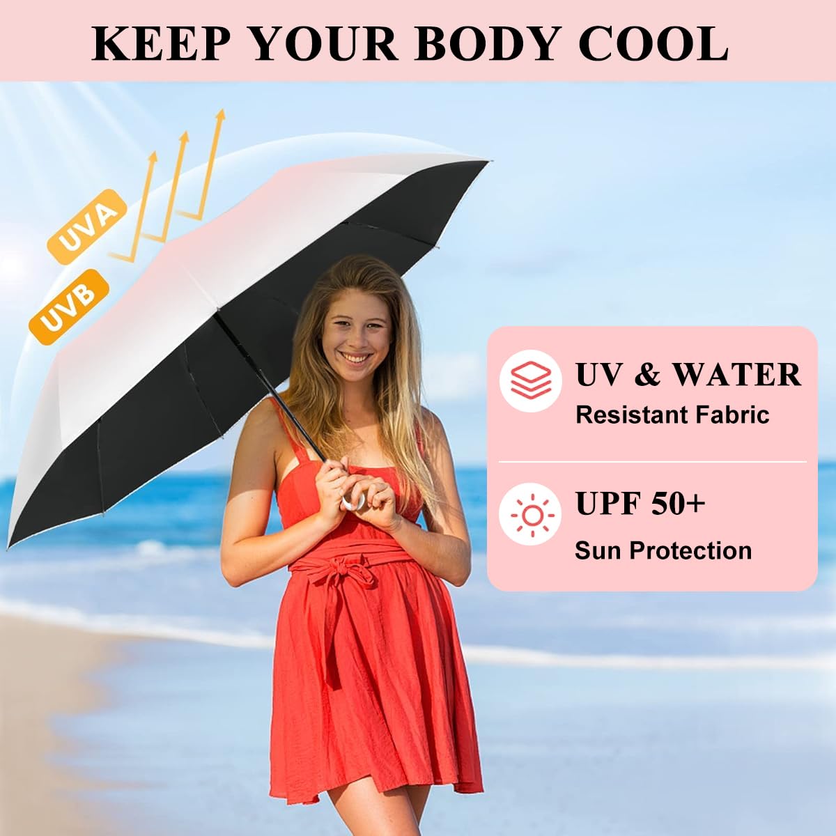 ZIBUYU Folding Umbrella for Sun and Rain with UPF 50+ Protection and 8 Fiber Ribs | Lightweight Pink Travel Design