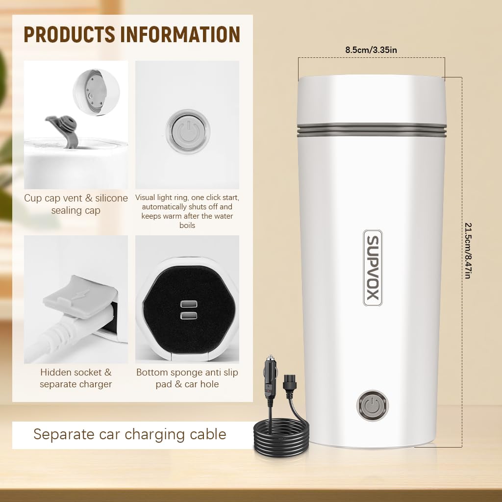 Supvox® 12V Car Electric Water Kettle Fast Heating Electric Water Kettle 400ml Travel Electric Water Kettle with Hand Strap 304 Stainless Steel Thermal Electric Water Kettle