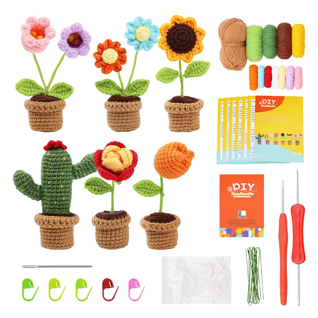 PATPAT DIY Crochet Art Material Kit for Home Decor featuring 6 Mini Flower Pots | Beginner Gift Set with Multi Colour Yarn