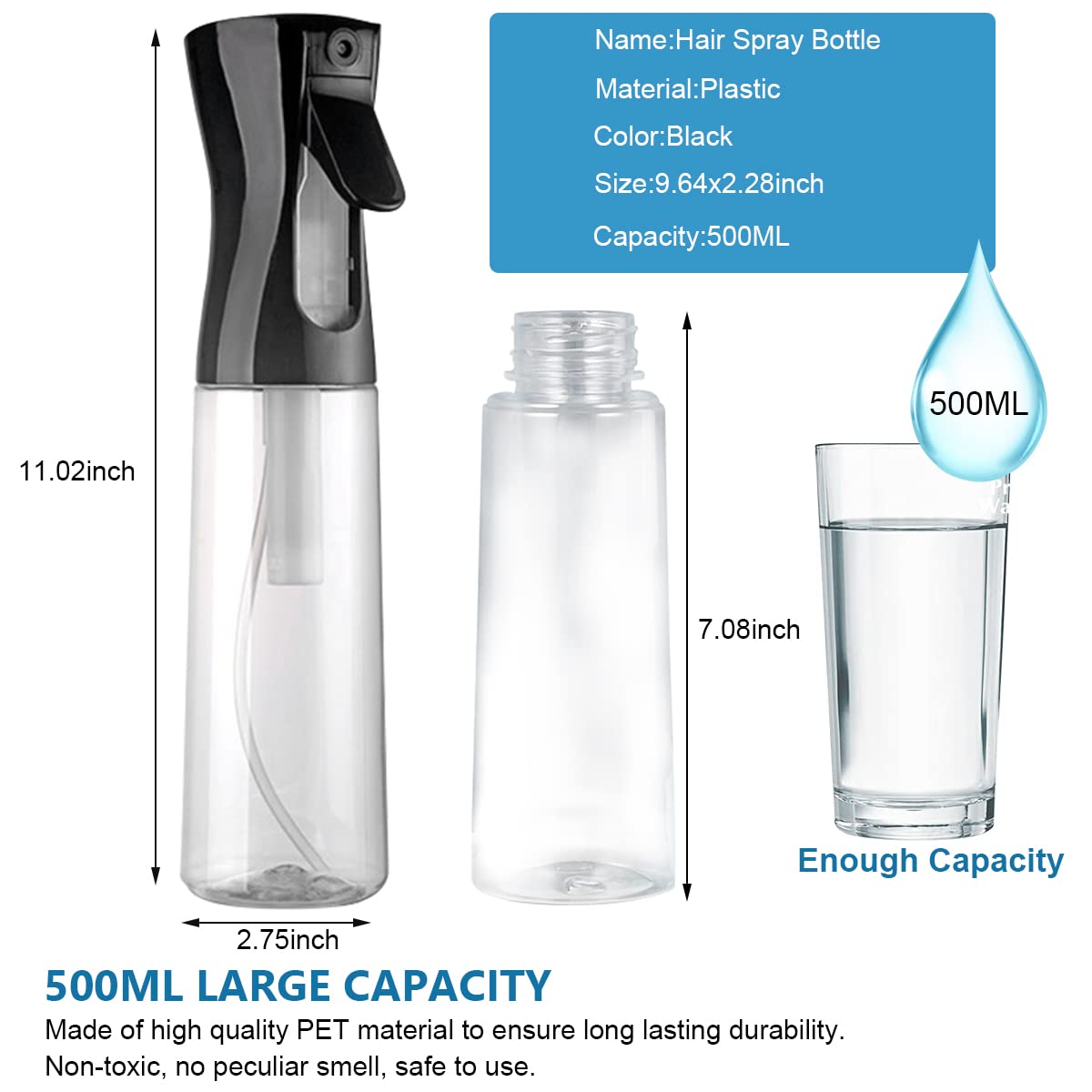 MAYCREATE Spray Bottle for Hair and Skincare with 500ml Capacity featuring Pressurized Nozzle | Clear PET Design