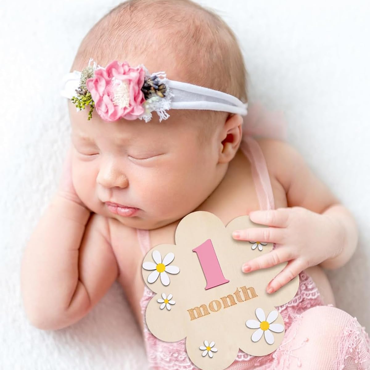 SNOWIE SOFT Floral Wooden Monthly Milestone Board for Newborn Photos with 0–9 Plates | Pink Photography Prop