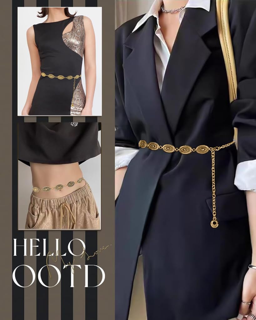 ZIBUYU Waist Chain for Saree featuring Adjustable Metal Buckle 63cm+50cm | Golden Hip Belt