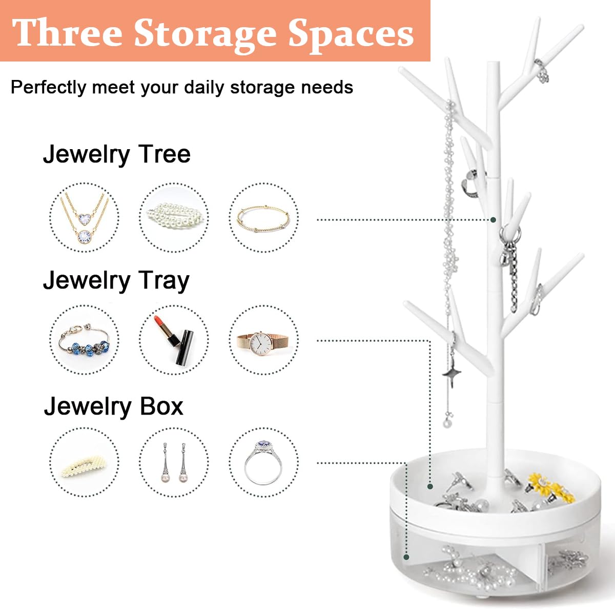 MAYCREATE Jewelry Organizer for Rings Necklaces and Earrings with Tree Branch Stand | White Minimalist Storage for Women