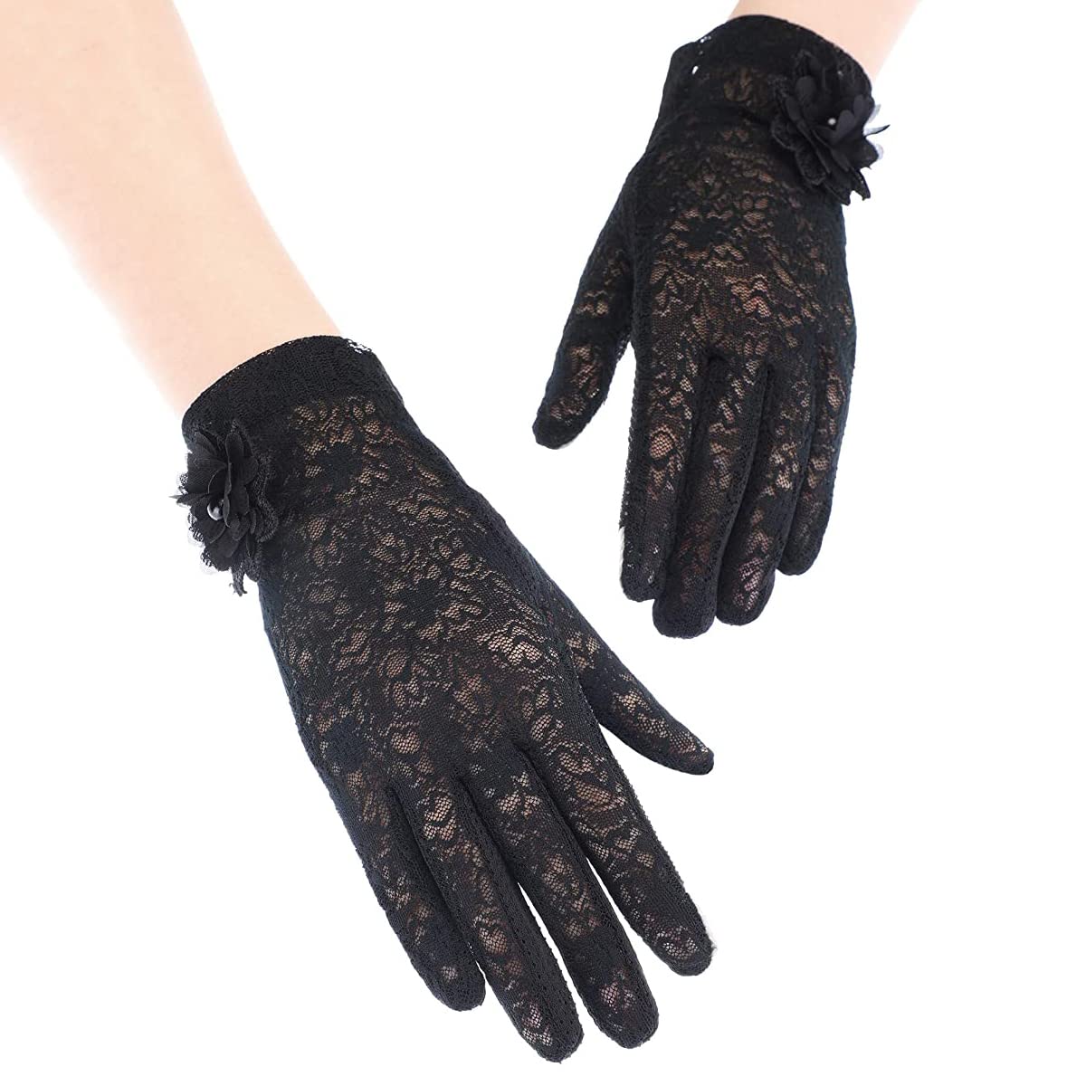 PALAY® Lace Gloves for Women Ladies Black Elegant Flower Bridal Gloves Short Sun Protection Gloves for Wedding, Party, Prom, Festival