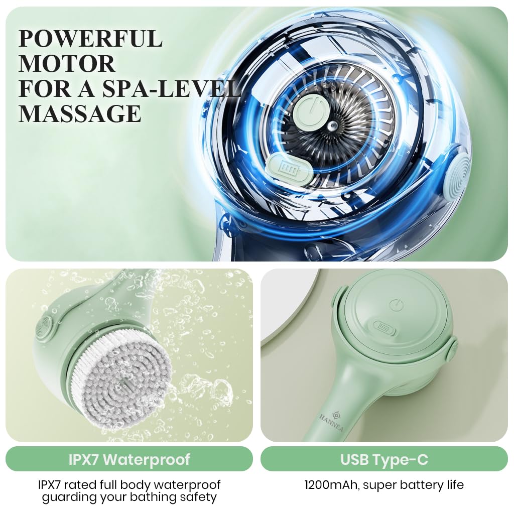 HANNEA Electric Bath Brush with 4 Brush Heads and 180° Dual Handle | 1200mAh USB Rechargeable Green
