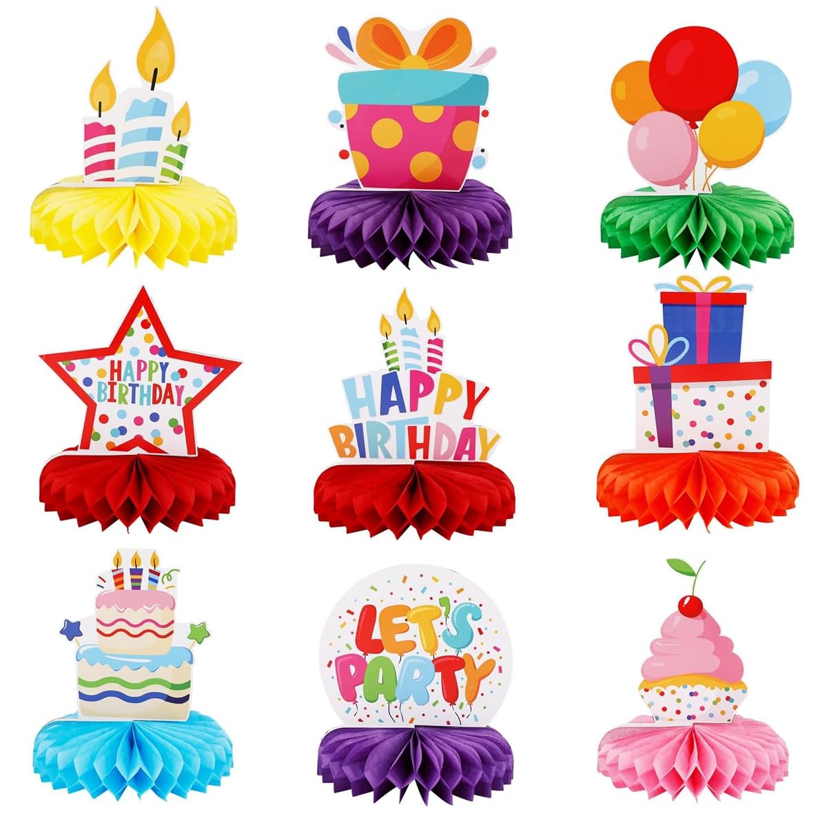 ZIBUYU Happy Birthday Decoration Kit for Kids with 9pcs Honeycomb Centerpieces | Colorful Paper Party Table Ornaments