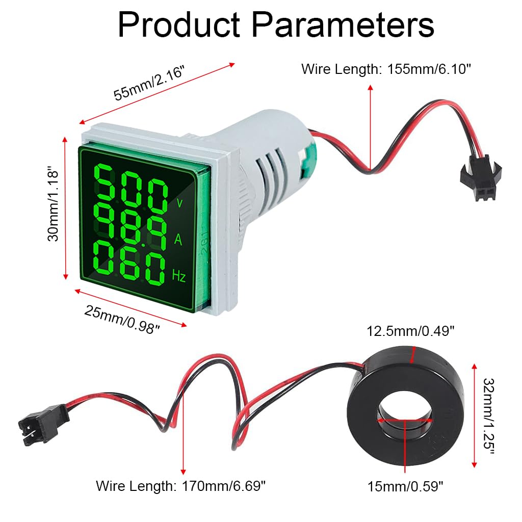 Serplex LED AC Digital Ammeter Voltmeter for Equipment Monitoring with 60-500V 0-100A Range | Featuring Clear 3-Digit Display