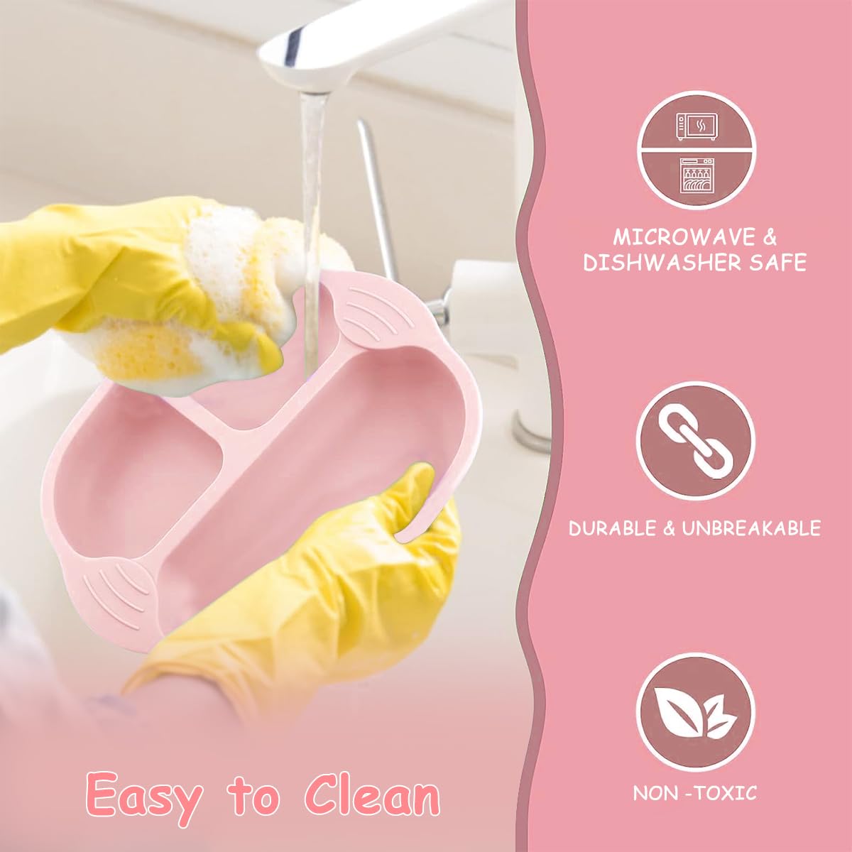 SNOWIE SOFT Baby Food Plate with 4 Strong Suction Cups and BPA Free Silicone | Pink Feeding Set