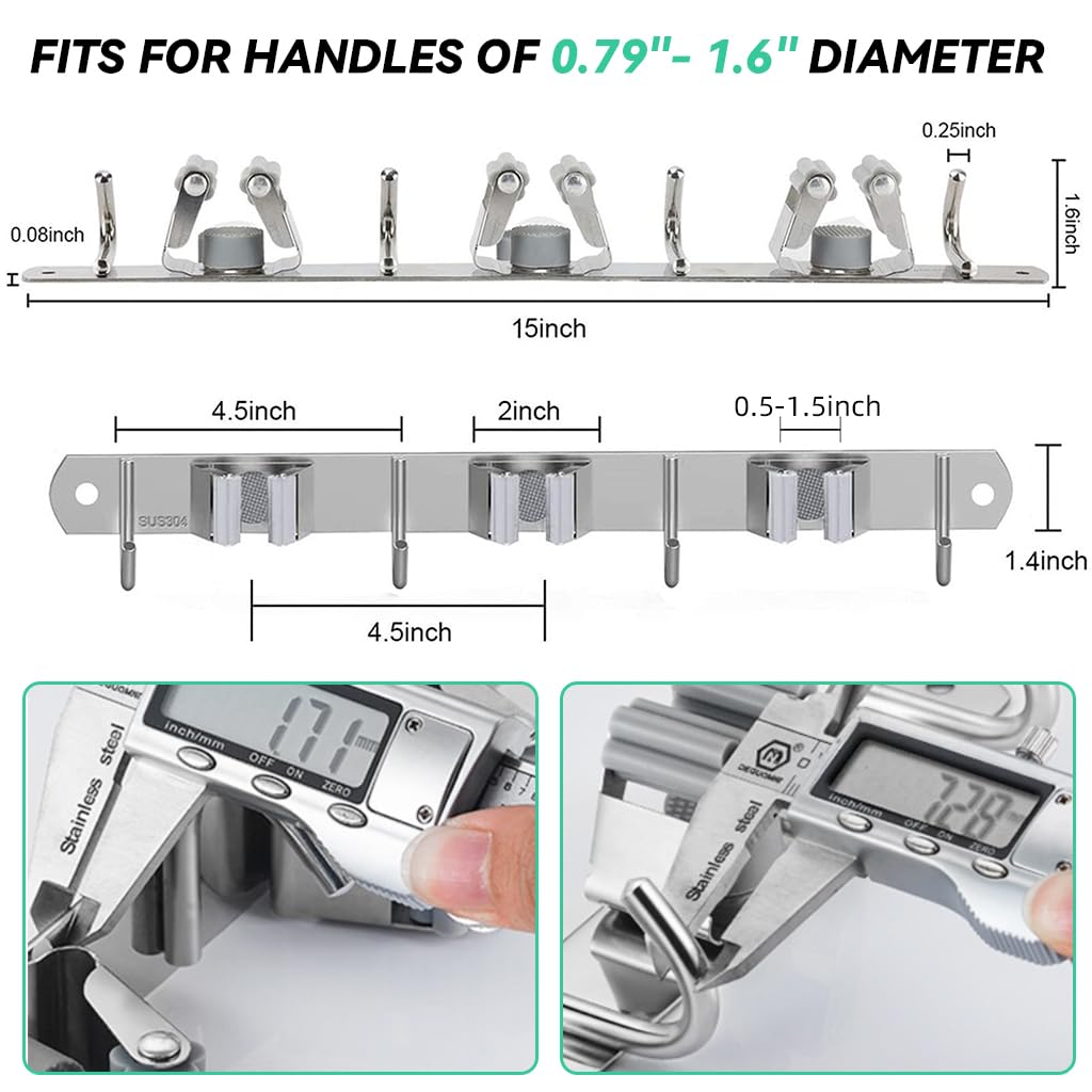 Zibuyu Broom Holder Wall Mounted for Kitchen and Bathroom with 3 Holders & 4 Hooks 14.9 in Stainless Steel Organizer