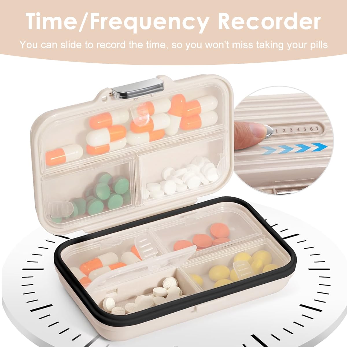 HANNEA Travel Pill Organizer Box for Weekly Medication with 7 Compartments and Sliding Date Marker | BPA-Free PP Portable Case 11.5 x 7.3 x 3.4cm