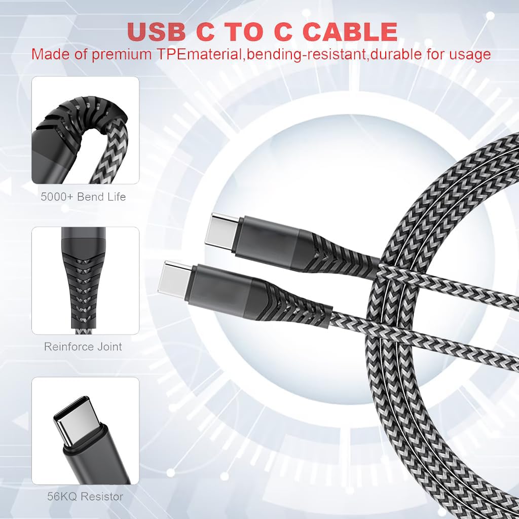 Verilux Type C to Type C Cable for MacBook and Samsung | 6.6 ft 100W Fast Charge Nylon Cord