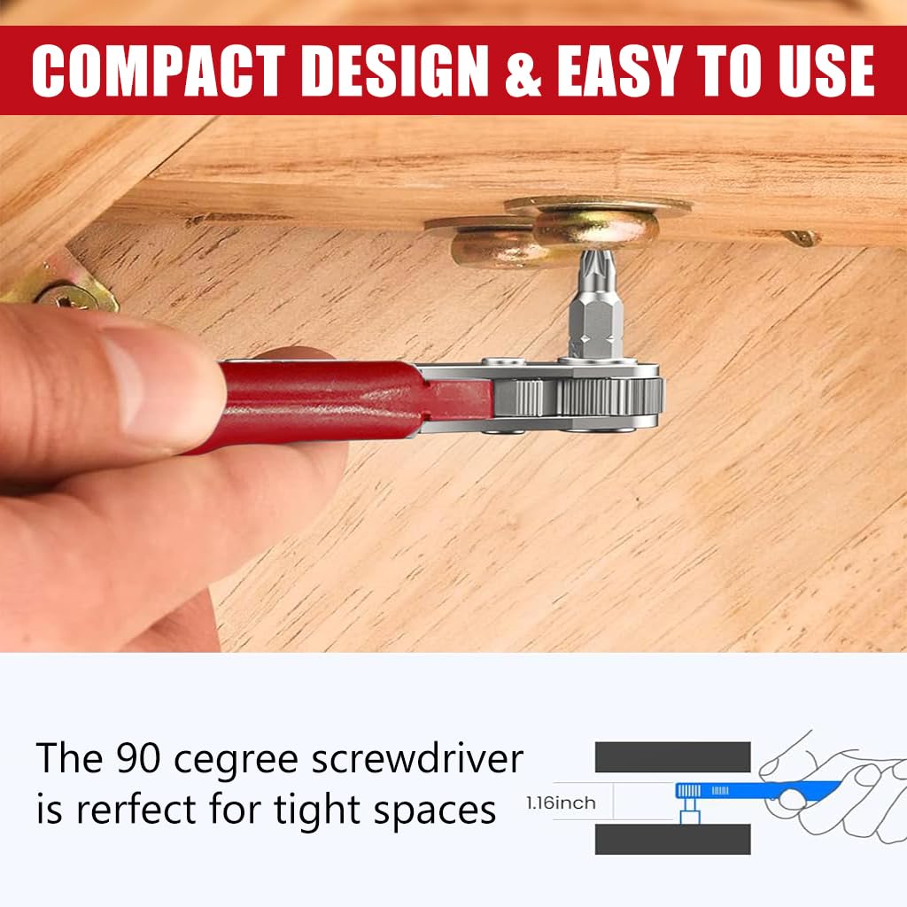 Serplex® Right Angle Ratcheting Screwdriver Set of 22 Pcs Chromium Vanadium Steel Right Angle Ratcheting Screwdriver Set with 20 Bits Bidirectional Ratcheting Screwdriver Rubberized Handle Design