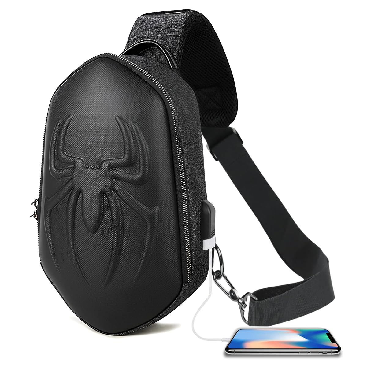 GUSTAVE® Anti-Theft Men's Waterproof Crossbody Bag With USB Charging, Password Lock, Fashionable 3D Spider Design, Durable PVC & Adjustable Strap For Secure Travel & Outdoor Use (31x18x6cm)