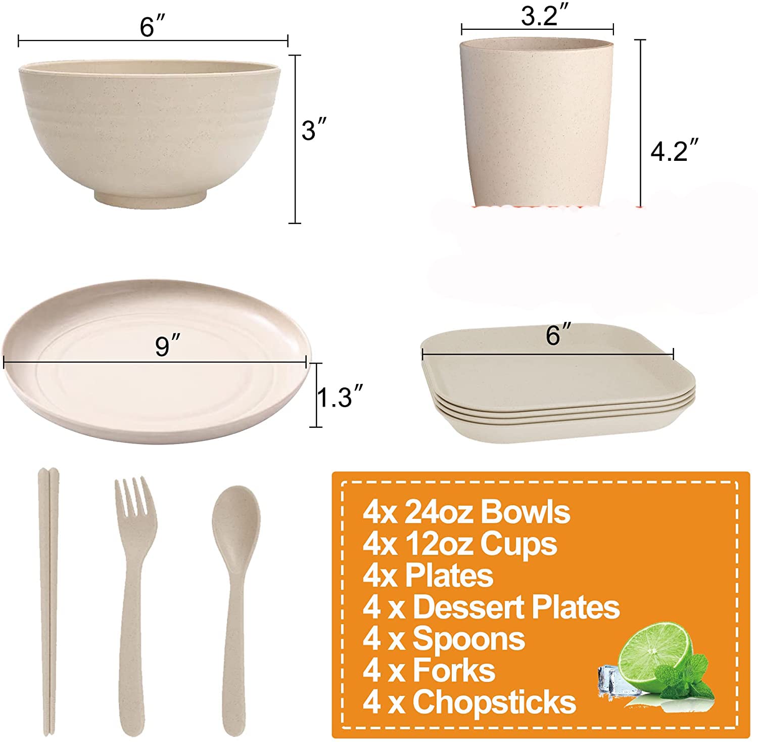 HASTHIP 28Pcs Lightweight Wheat Straw Dinnerware Sets, Unbreakable Microwave Dishwasher Safe Tableware, Lightweight Bowls, Cups, Half Plates, Knife, Fork, Spoon, Chopsticks Set