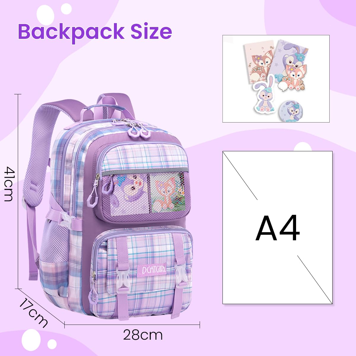 PALAY School Backpack for Girls with 28×17×41cm Multi Layer Design and Ergonomic Back | Oxford Cloth Purple Set