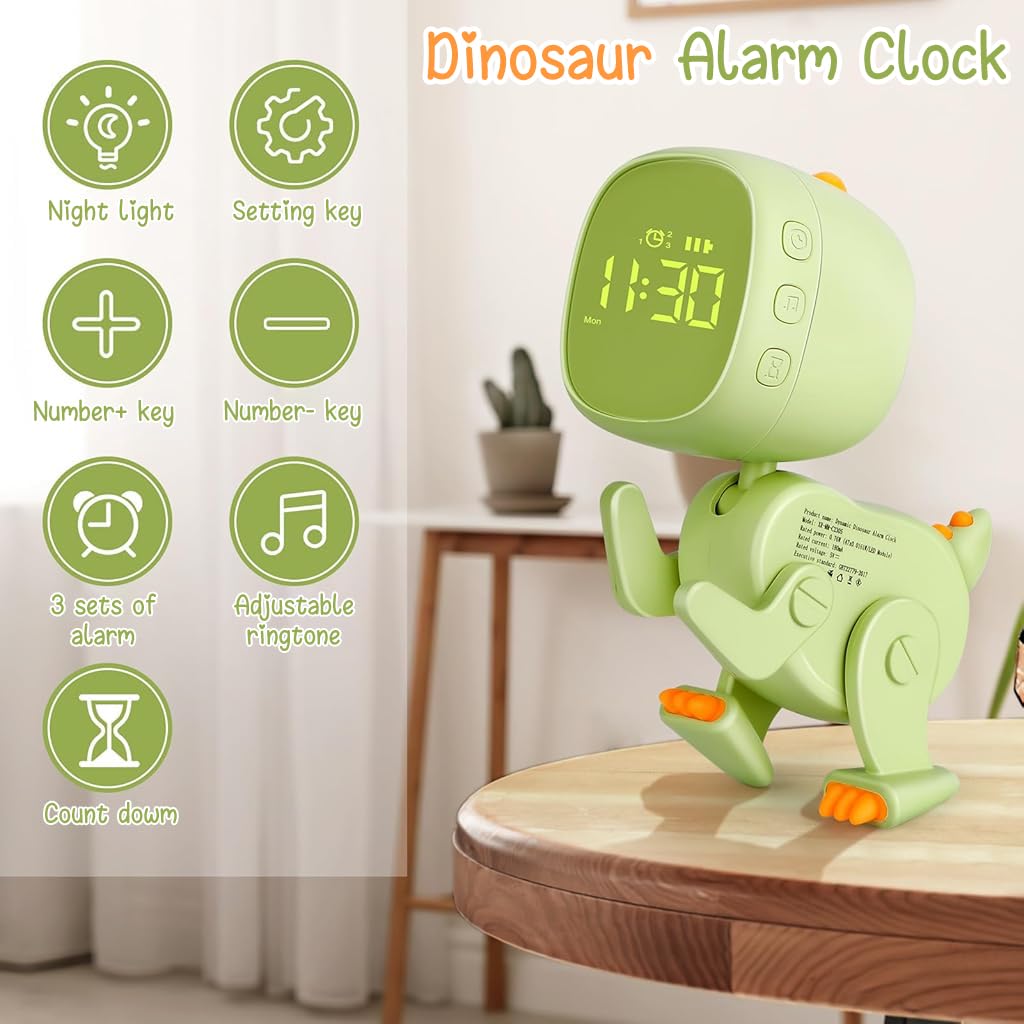 HASTHIP Digital Alarm Clock for Kids with Dinosaur Shape and Night Light Timer | 6 Alarm Music