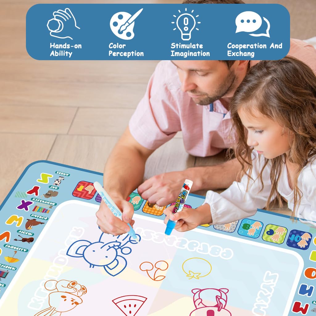 PATPAT Magic Water Doodle Mat for Kids 80x60cm with Water Pens and Roller Stamps | Reusable Mess-Free Drawing Toy