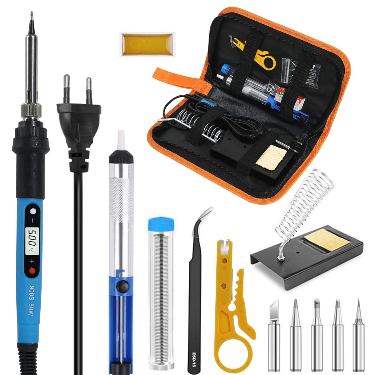 Serplex® Electronics Soldering Iron Kit 80W LCD Digital Display Welding Tool with Adjustable Temperature 5pcs Solder Iron Tips Desoldering Pump Tweezers Stand Solder for Soldering Set