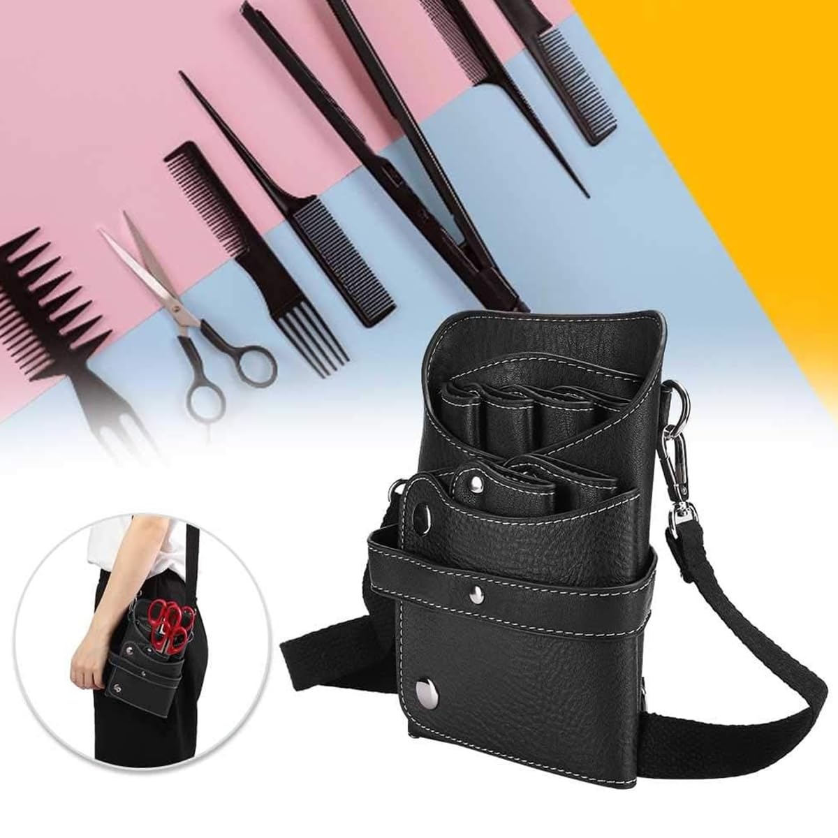 HANNEA® Hairdresser Scissor Bag, PU Leather Barber Waist Bag Crossbody Bag, Hairdressing Scissor Holster with Adjustable Waist Belt, Hair Salon Scissor Storage Waist Bag for Scissors, Tools, Clips