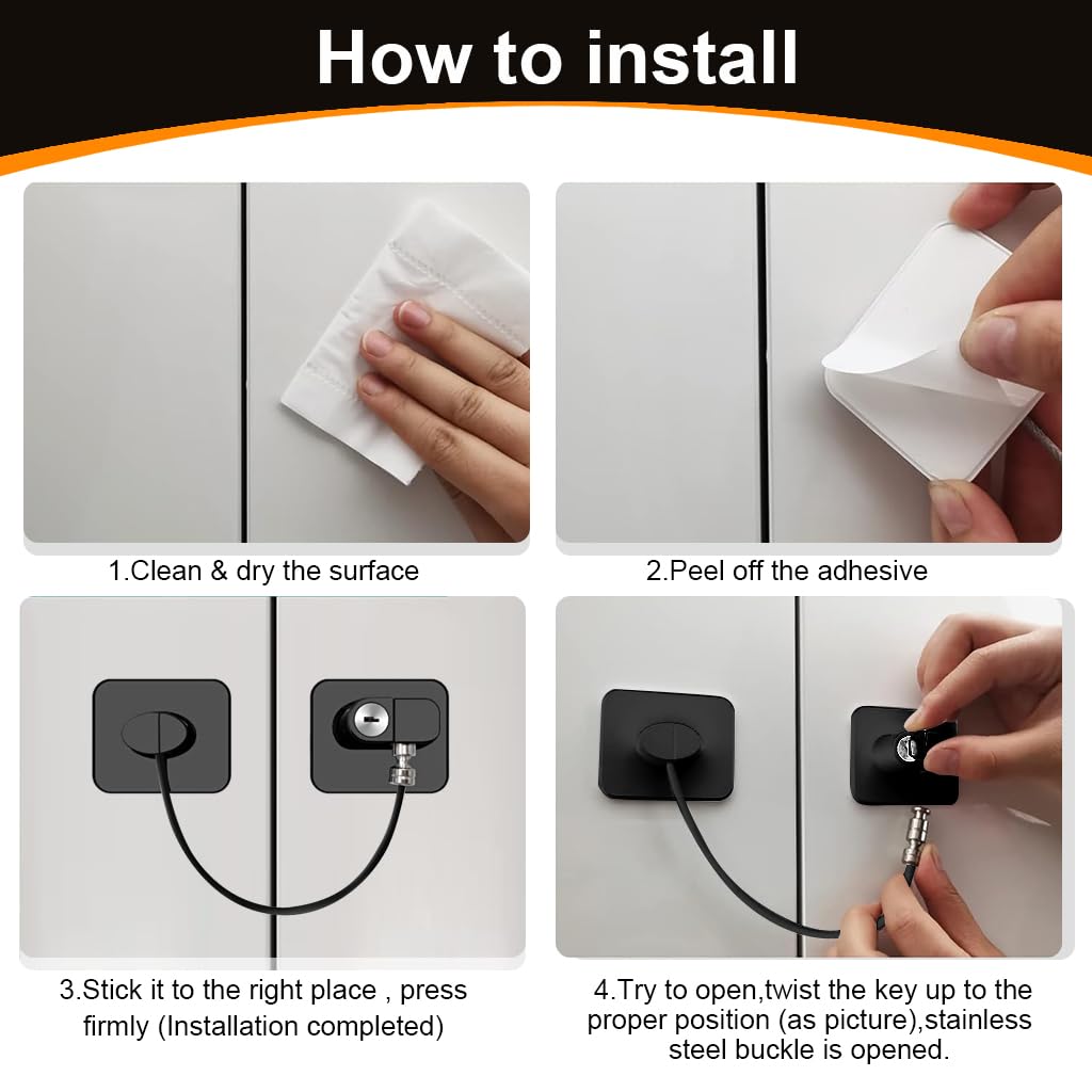 STHIRA Child Lock for Drawers and Refrigerator with Keyed Chain and Self Adhesive | 6PCS Black Stainless Steel Safety Device