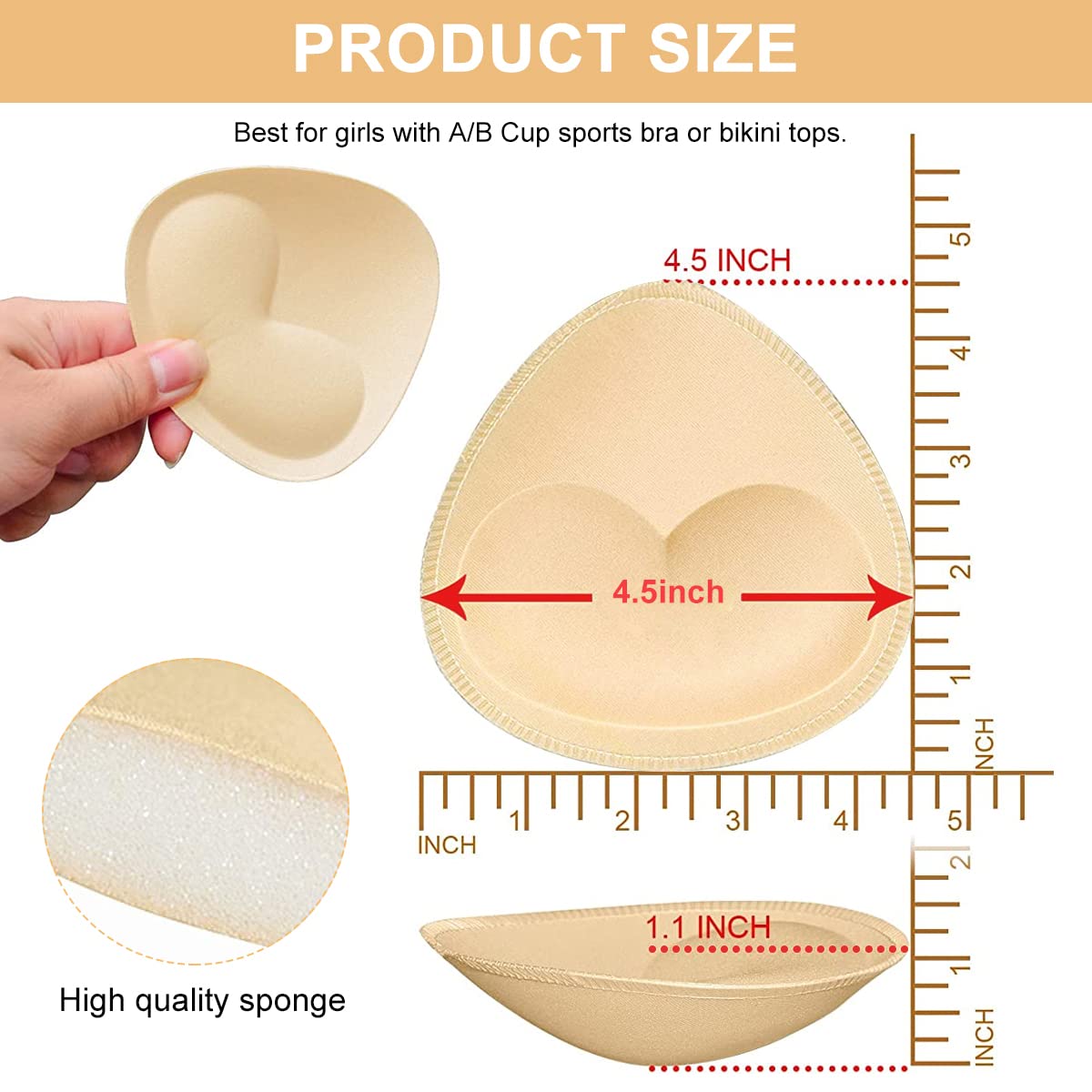 MAYCREATE Bra Pads for Sports and Bikini Bras featuring Thick Push Up Design | 2 Pairs Cotton Inserts Apricot