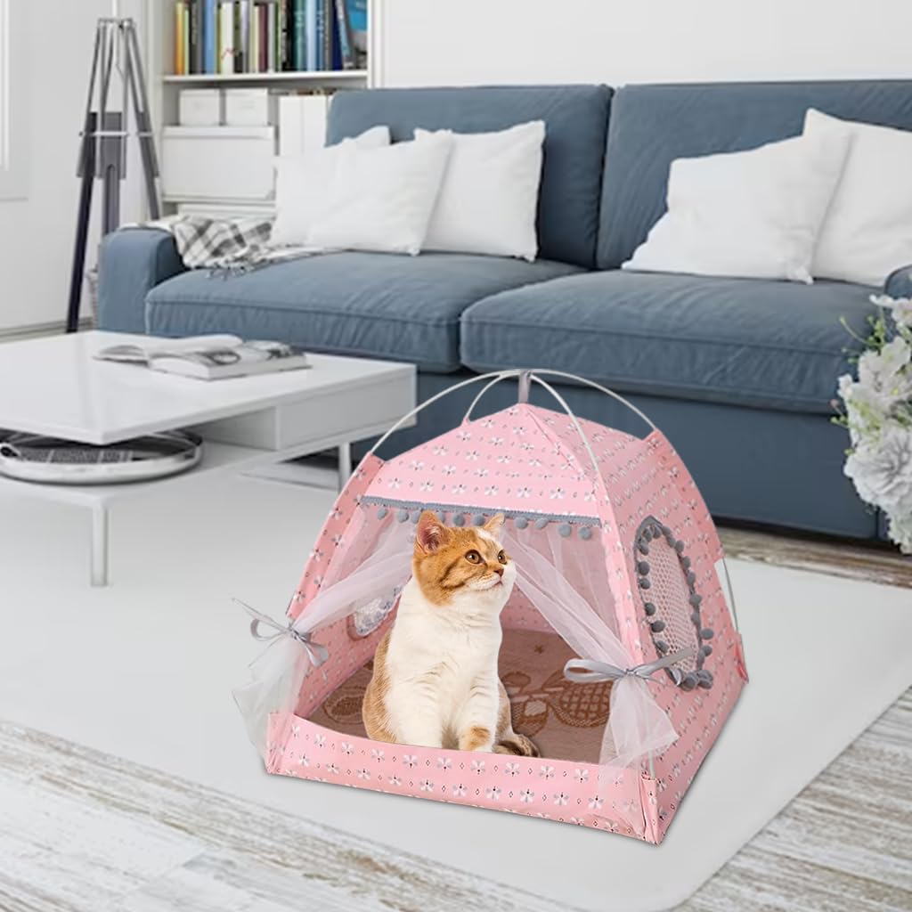 Qpets® Pet Princess Tent House, Lace Cat Bed Tent Dog House Print Cat House with Breathable Matress, Easy Assembly Folding Cat Princess Tent House for Small Medium Dogs Cats