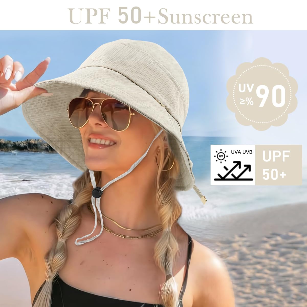 SANNIDHI Womens Sun Hats for Summer UV Protection with Wide Brim and Chin Strap Beige 3PCS