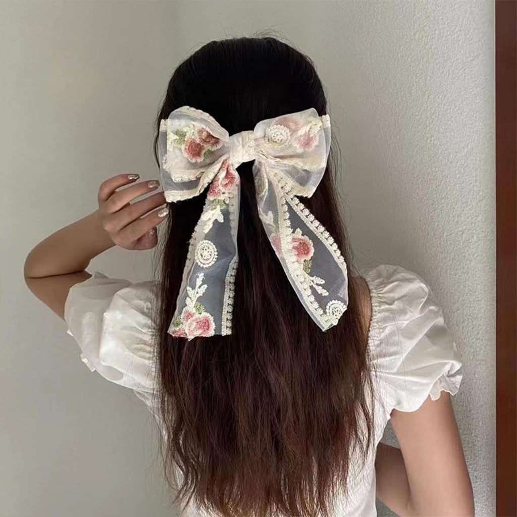 Venzina® 2 Pcs Bow Clips for Women Girls Stylish Lace Large Embroidery Flower Hair Bows with Long Tail Elegant Bow Hair Clips Barrettes Cute Hair Accessories for Women