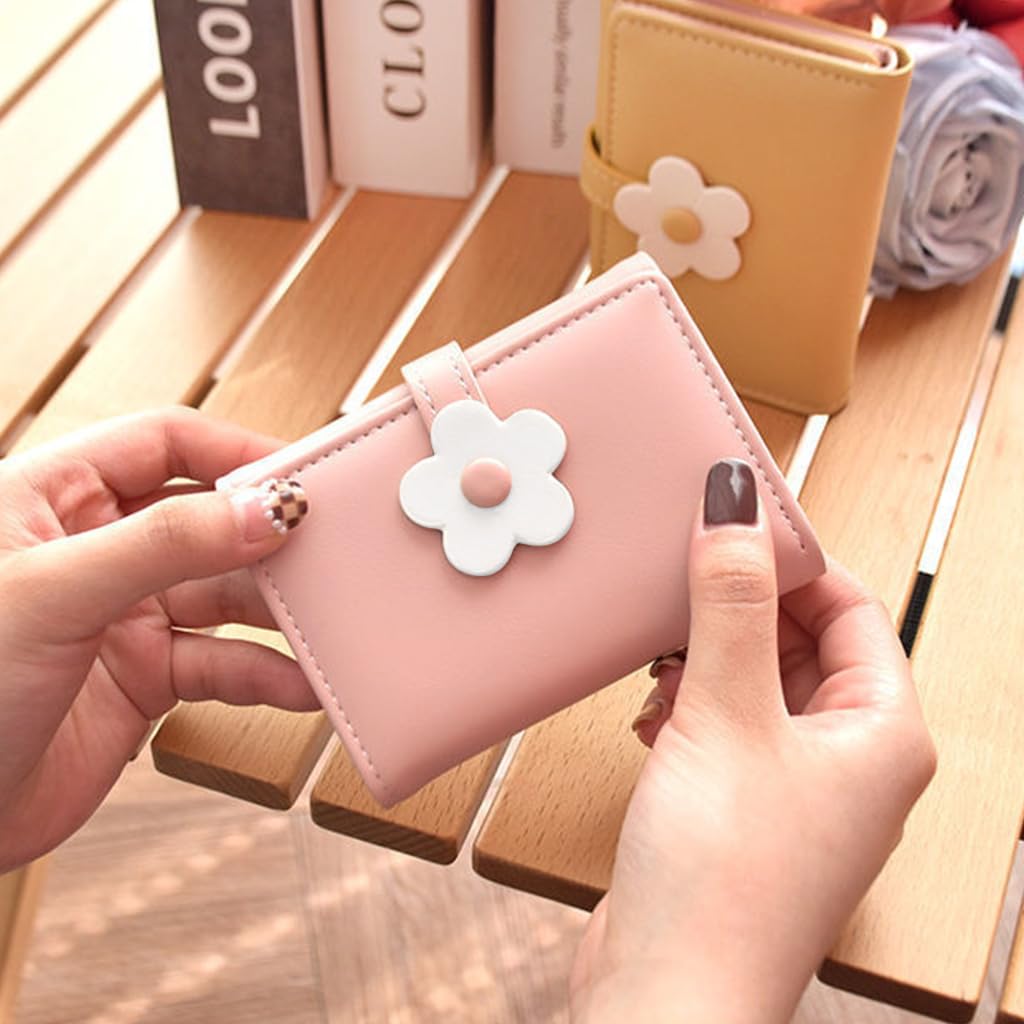 PALAY® Girls Wallet Women Wallet PU Leather Card Holder Girls Wallet Cute Flower Snap Button Wallet with Lovely Heart Shaped Photo Window Gift Wallet for Girls Christmas Gift