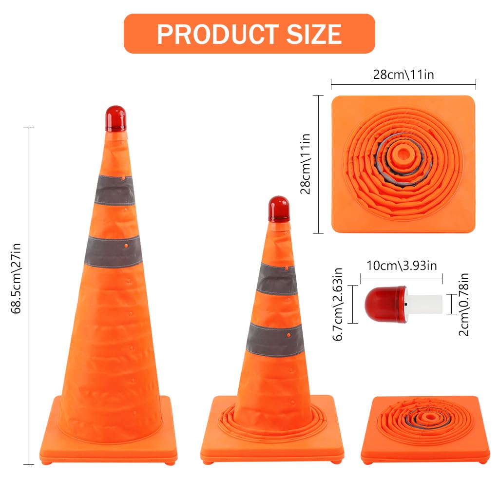 STHIRA Foldable Traffic Cone for Roadwork and Parking with LED Light 28 in Bright Orange | Reflective and UV‑Resistant Safety Cone