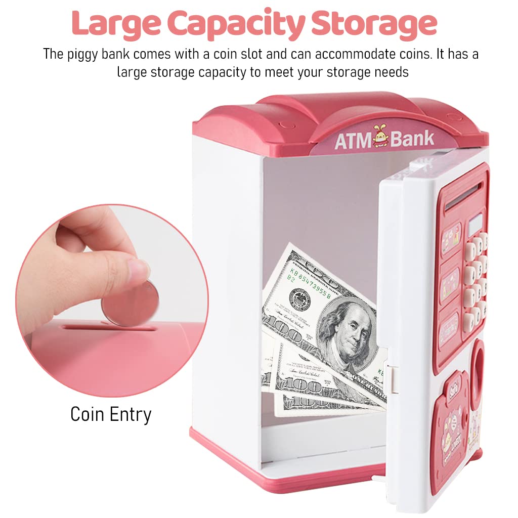 PATPAT Electronic ATM Piggy Bank for Kids with Password and Fingerprint Lock 13.5×11.5×20cm Pink | Fun Money Saving Toy