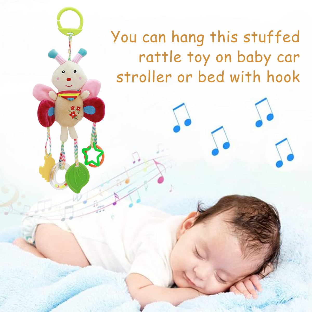 PATPAT® Hanging Toys for Babies 0-6 Months, New Born Baby Toys Rattle Crinkle Squeaky Toy Car Seat Plush Stroller Toy with Teethers Plush Butterfly C-Clip Ring for Infant Babies 3 6 9 to 12 Months