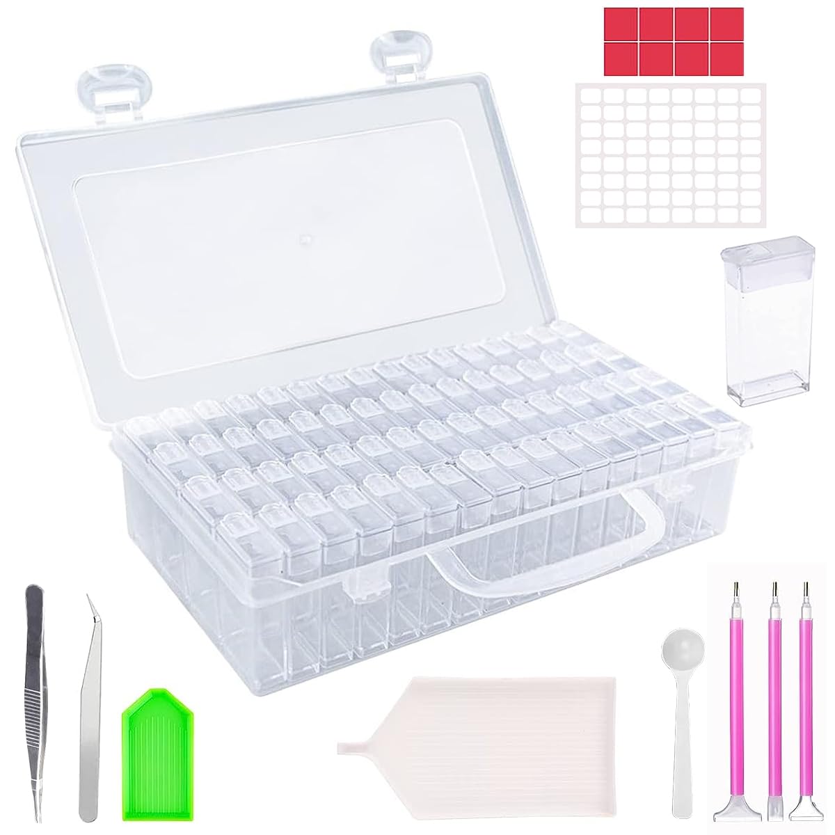 HASTHIP® 64 Grids Diamond Painting Storage Box, Diamond Painting Accessories Storage with Pick Up Pens, Diamond Trays, Spoon, Tweezers, Label Sticker