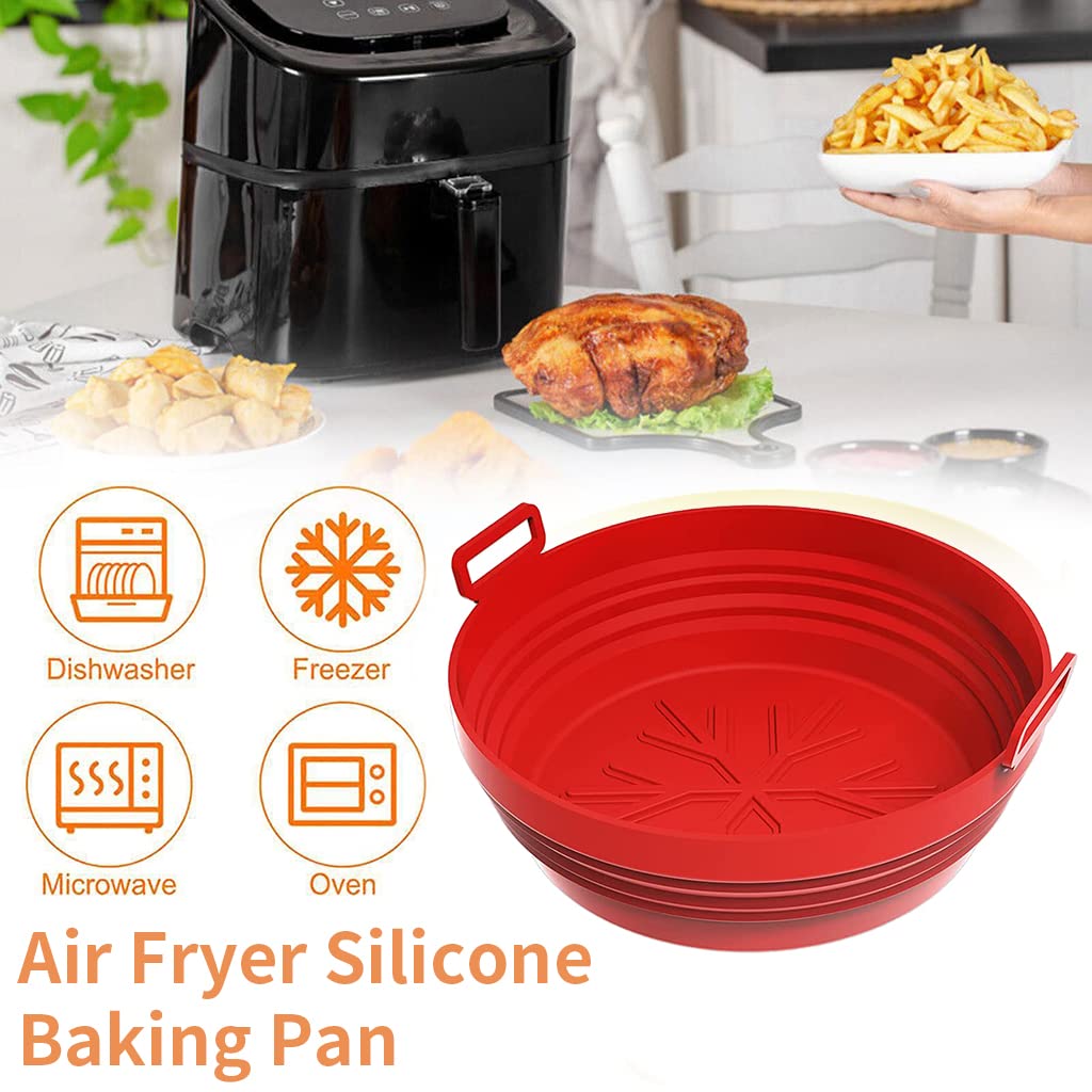 HASTHIP Air Fryer Silicone Baking Tray, 1 Pcs 8.2 Inch Foldable Air Fryer Liner for 4-7QT, Reusable Air Fryer Silicone Pot with Anti-scalding Handles, Food Safe Air Fryers Oven Accessories (Red)