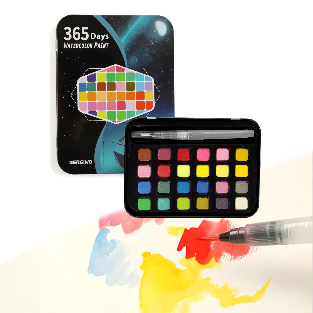 HASTHIP Watercolor Paint Set for Students and Artists with 24 Colors in Metal Box | Includes Brush Pen