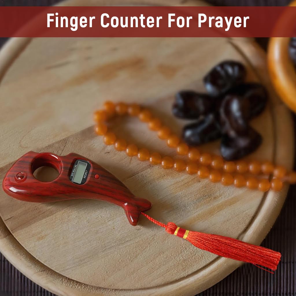 Proberos Digital Tally Counter for Spiritual Practices with 99,999 Count Capacity | Wooden Grain Fish Shape Design and Rolling Prayer Beads