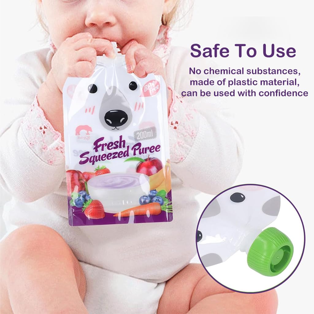 SNOWIE SOFT® 20PCS Reusable Baby Food Squeezable Pouch for Milk Juices Portable Bottom Double Sealing Strip Design Leak Proof Food Grade Storage Easy to Refill and Clean 200Ml Purple