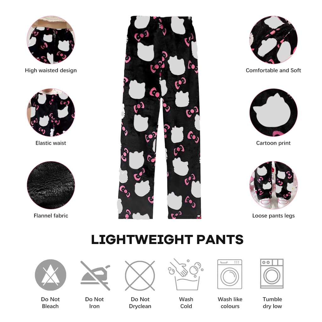 SANNIDHI Anime Pajama Pants for Women featuring Cartoon Cat Kawaii Print Flannel | 2XL Black