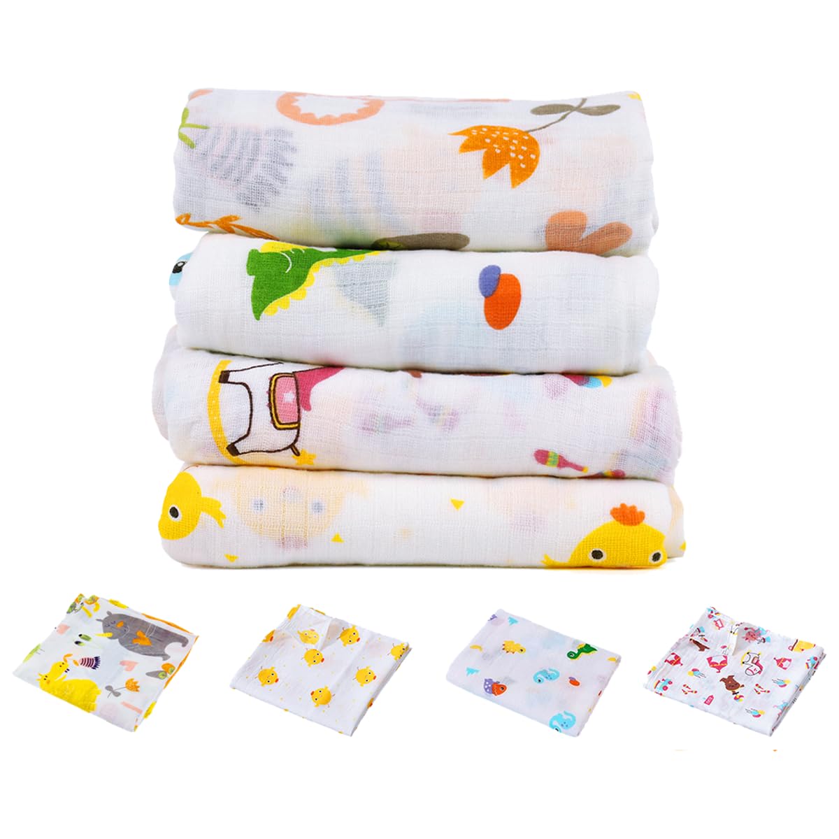 SNOWIE SOFT® Baby Towel For New Born, 4pcs Cartoon Swaddle For New Born Baby 43.3 Inches Square Muslin Cloth For Baby Soft Print Baby Blankets Newborn 0-1 Years Old Kids (Suggested For Below 80cm )