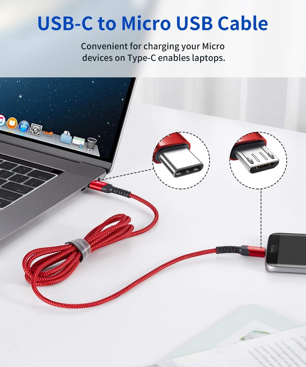 JSAUX Type C to Micro USB Cable for Charging and Data Sync 6.6 ft with Nylon Braided Design | Red