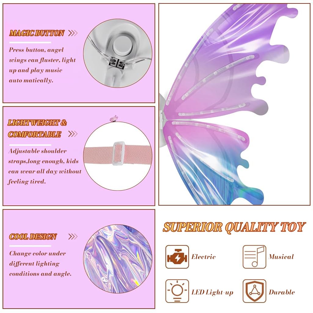 PATPAT Light Up Fairy Butterfly Wings for Parties with Flapping Motion and Music | Girls Costume Accessory