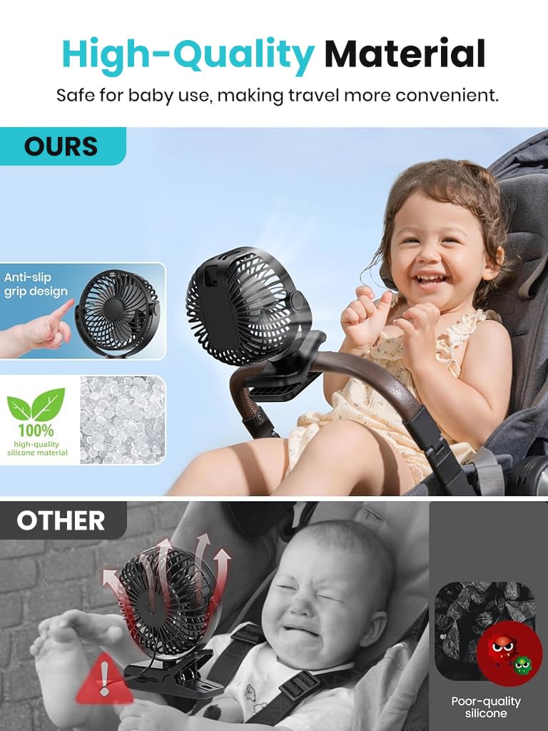 Verilux USB Desk Fan for Stroller and Desk with 5000mAh Battery featuring Clip and 4 Speeds