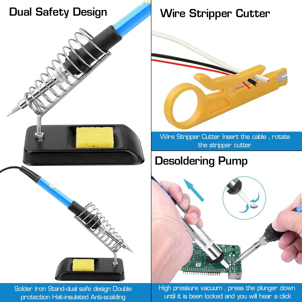 Serplex® Soldering Iron Kit 60W Adjustable Temperature Electric Set with 15PCS Soldering Tips Desoldering Pump Solder Wick Tweezers Soldering Wire