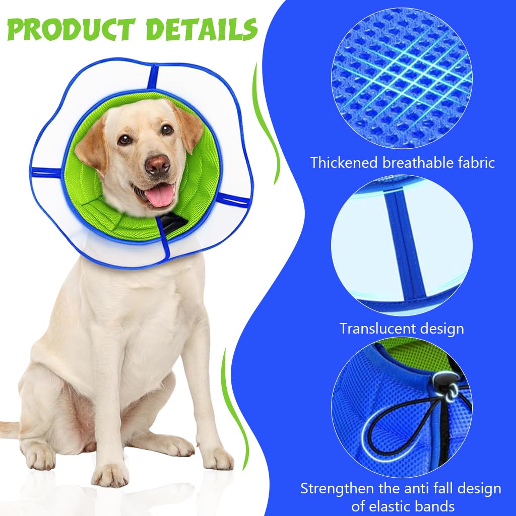 Qpets® Dog Cone Collar, Breathable Soft Dog Cones, After Surgery Recovery Dog Collar with Drawstring Adjustment for Head Neck Protection (L)