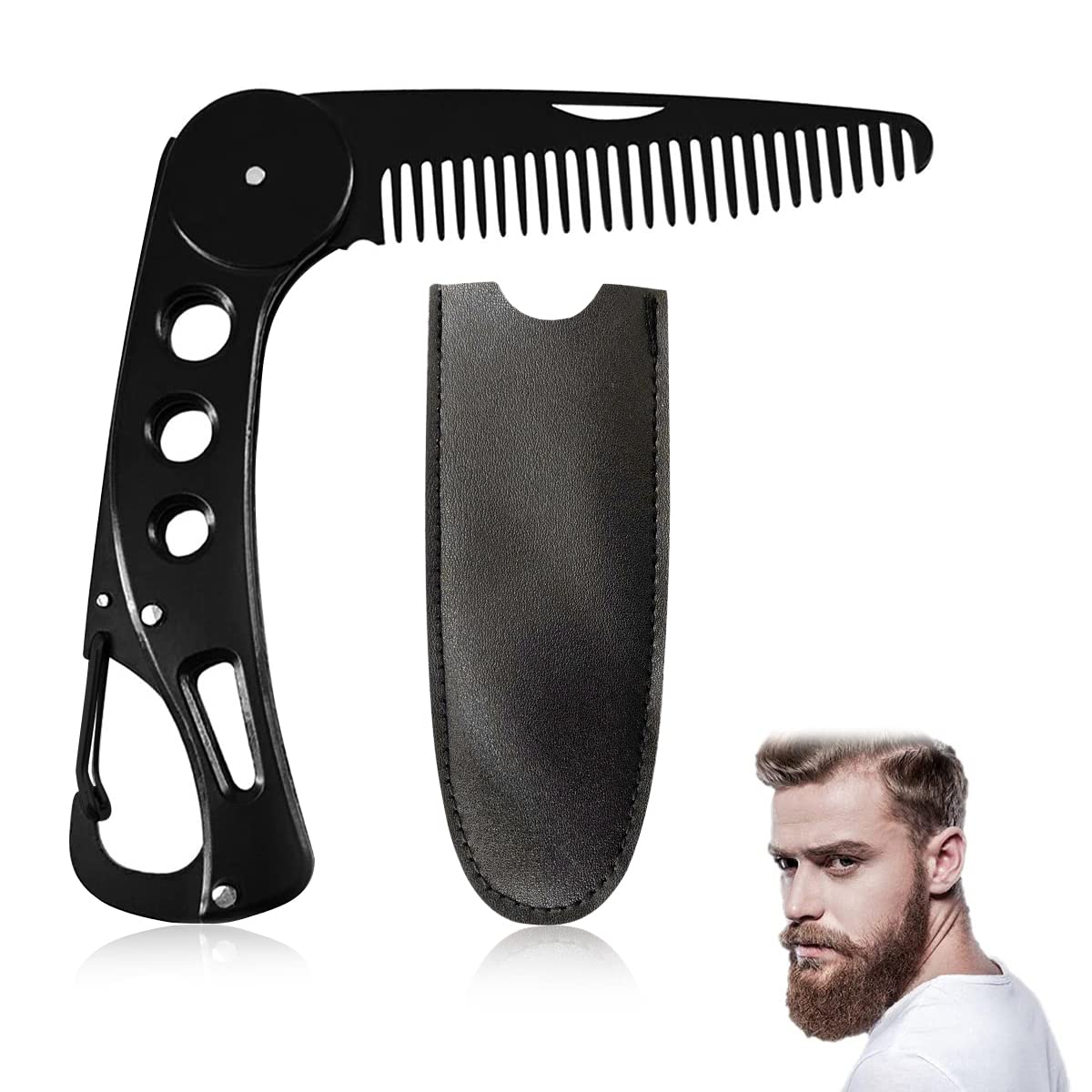 MAYCREATE Beard Comb for Men with Folding Bottle Opener and Leather Sleeve | Stainless Steel Grooming Tool